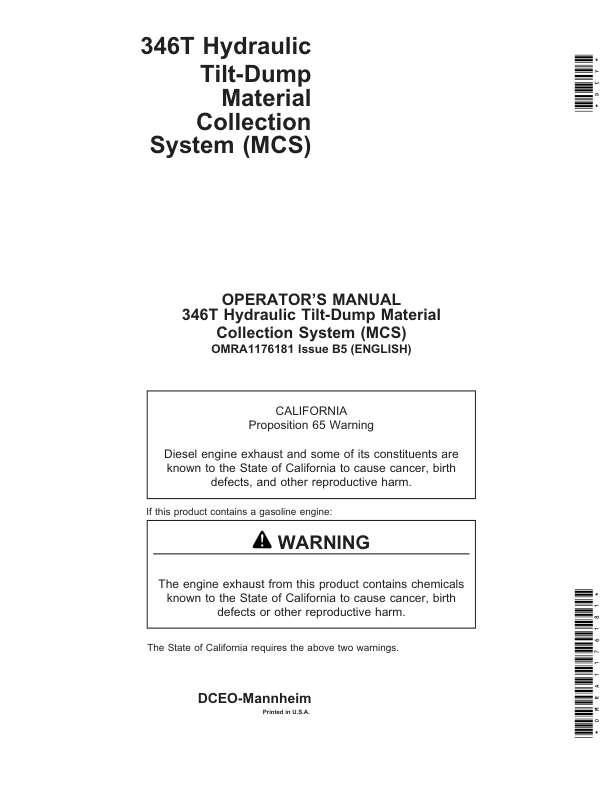 John Deere 346T Material Collection System Operator’s Manual (OMRA1176181) Workshop Guide