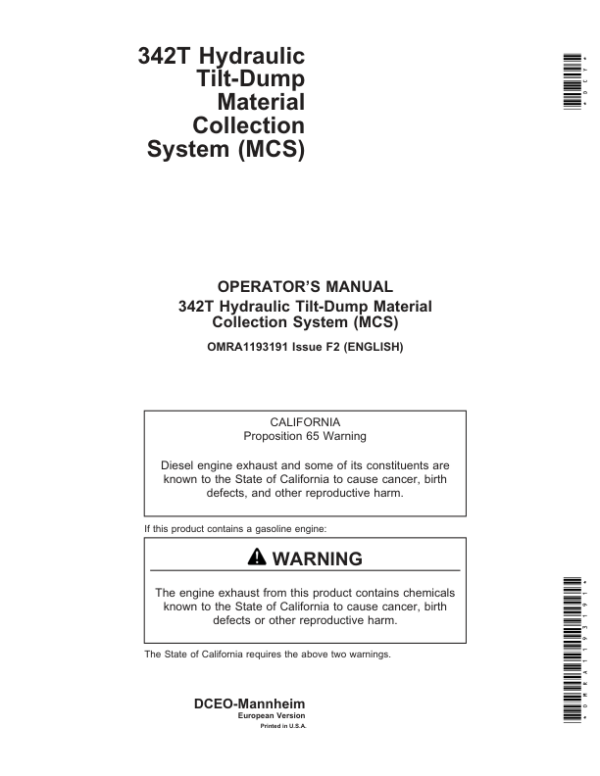 John Deere 342T Material Collection System Operator’s Manual (OMRA1193191) Workshop Guide