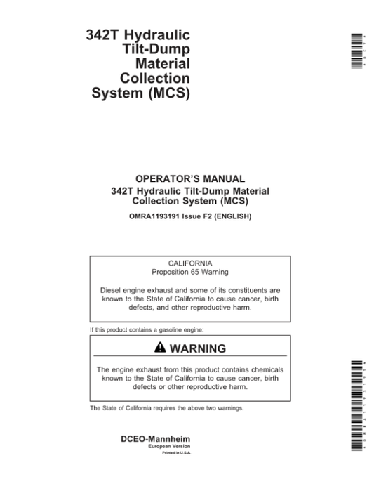 John Deere 342T Material Collection System Operator’s Manual (OMRA1193191) Workshop Guide