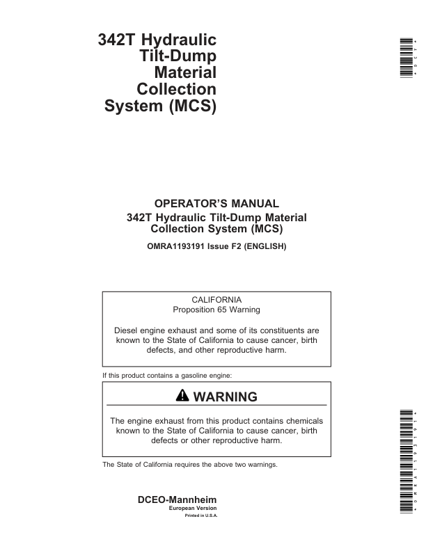 John Deere 342T Material Collection System Operator’s Manual (OMRA1193191) Workshop Guide