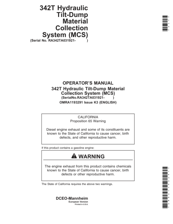 John Deere MCS 342T (SN-), ENGLISH Operator’s Manual (OMRA1193291) Workshop Guide