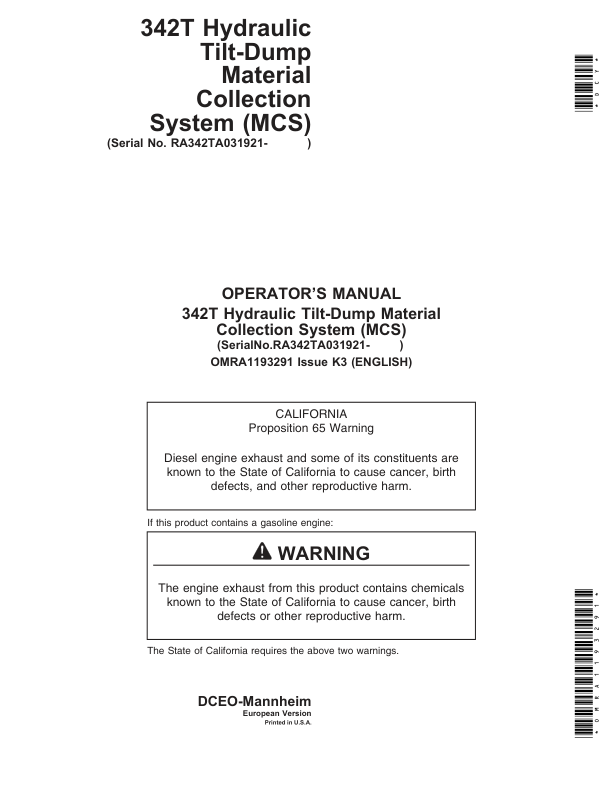 John Deere MCS 342T (SN-), ENGLISH Operator’s Manual (OMRA1193291) Workshop Guide