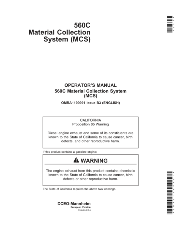 John Deere 560C Material Collection System Operator’s Manual (OMRA1199991) Workshop Guide