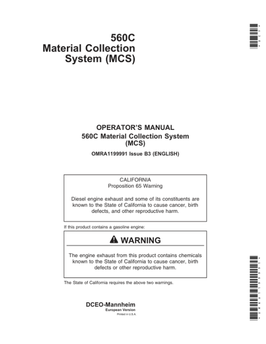 John Deere 560C Material Collection System Operator’s Manual (OMRA1199991) Workshop Guide