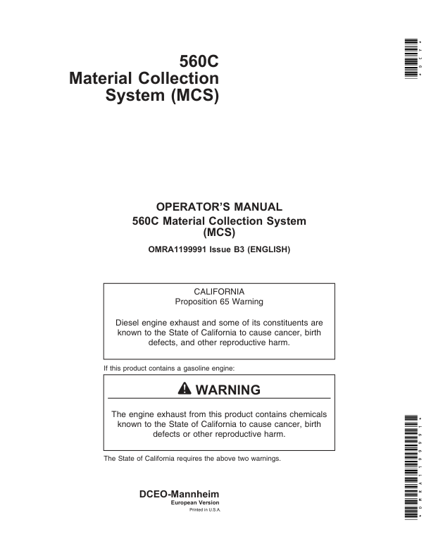 John Deere 560C Material Collection System Operator’s Manual (OMRA1199991) Workshop Guide
