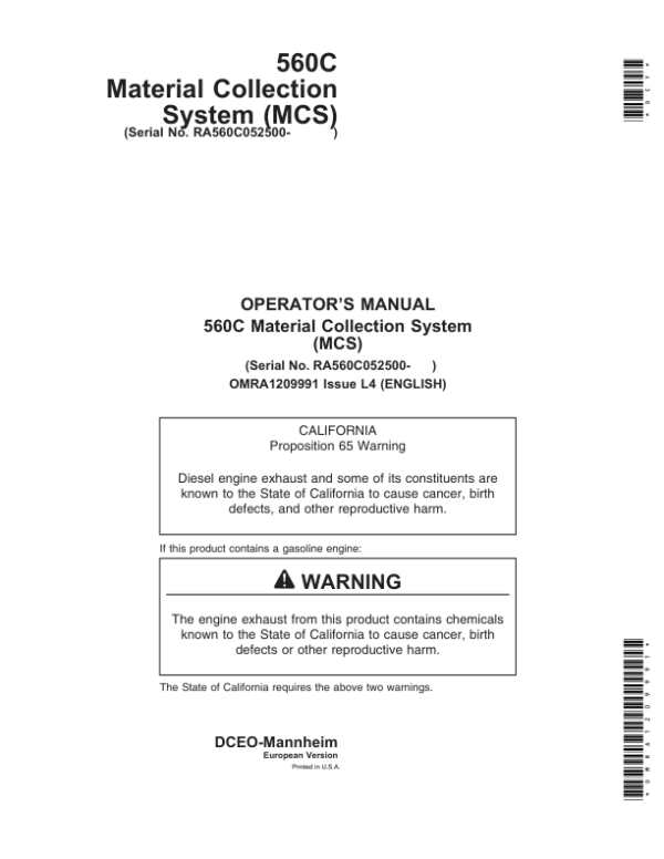 John Deere 560C Material Collection System Operator’s Manual (OMRA1209991) Workshop Guide
