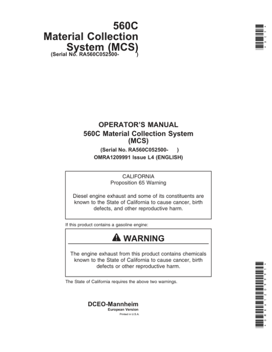 John Deere 560C Material Collection System Operator’s Manual (OMRA1209991) Workshop Guide