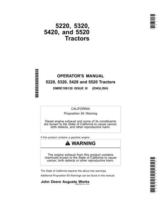 John Deere 5220, 5320,5420, 5520 Tractors Operator’s Manual (OMRE199128) Workshop Guide