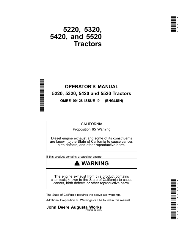 John Deere 5220, 5320,5420, 5520 Tractors Operator’s Manual (OMRE199128) Workshop Guide