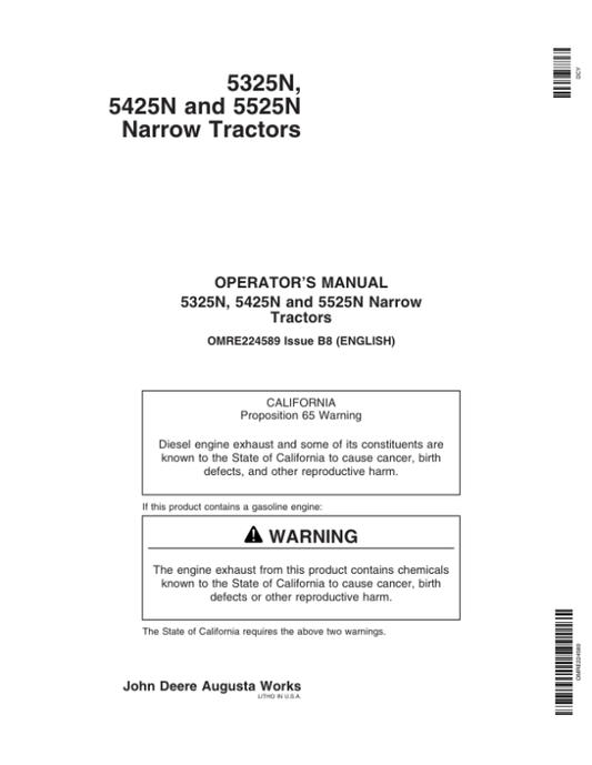 John Deere 5325N, 5425N, 5525N Narrow Tractors Operator’s Manual (OMRE224589) Workshop Guide