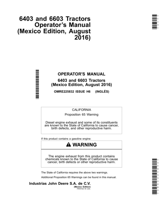 John Deere 6403 & 6603 Tractors (North American) Operator’s Manual (OMRE225832) Workshop Guide