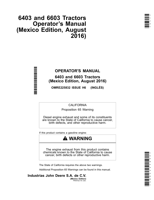John Deere 6403 & 6603 Tractors (North American) Operator’s Manual (OMRE225832) Workshop Guide