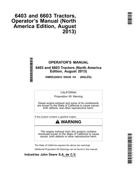 John Deere 6403 & 6603 Tractors US & Canadian Edition Operator’s Manual (OMRE226033) Workshop Guide