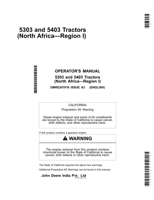 John Deere 5303, 5403 Tractors Operator’s Manual (OMRE247016) Workshop Guide