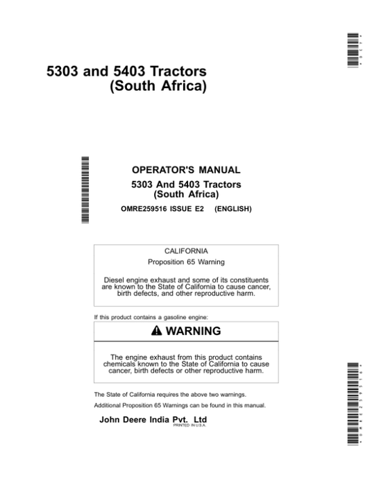 John Deere 5303, 5403 South Africa Tractor Operator’s Manual (OMRE259516) Workshop Guide