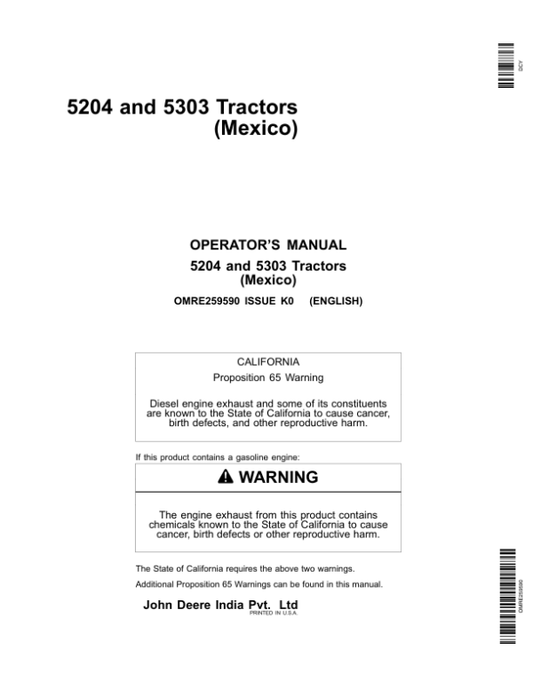 John Deere 5204, 5303 Tractor Operator’s Manual (OMRE259590) Workshop Guide