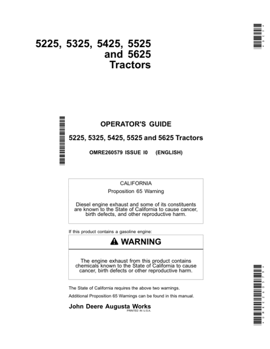John Deere 5225, 5325, 5425, 5525, 5625 Tractors Operator’s Manual (OMRE260579) Workshop Guide