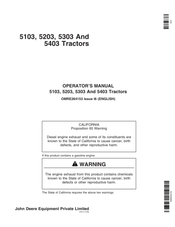 John Deere 5103, 5203, 5303, 5403 Australia Tractors Operator’s Manual (OMRE264153) Workshop Guide