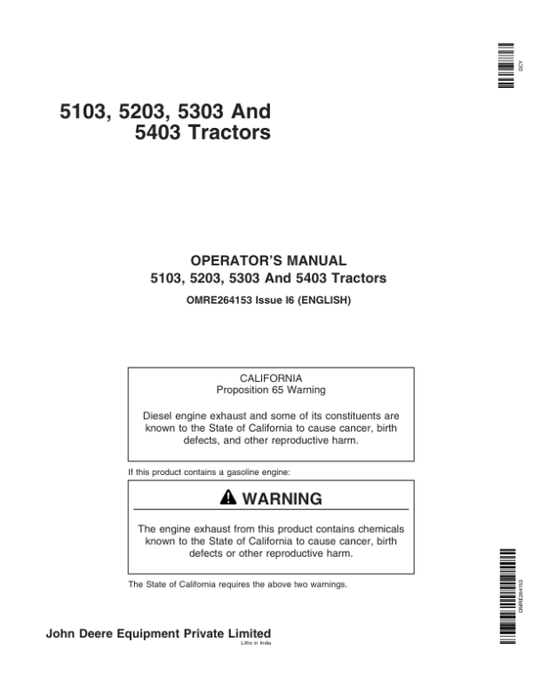 John Deere 5103, 5203, 5303, 5403 Australia Tractors Operator’s Manual (OMRE264153) Workshop Guide