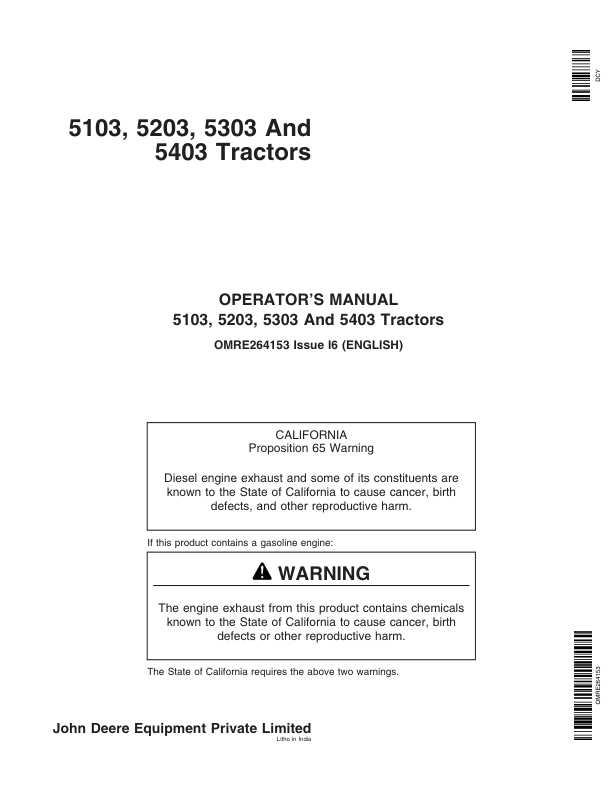 John Deere 5103, 5203, 5303, 5403 Australia Tractors Operator’s Manual (OMRE264153) Workshop Guide