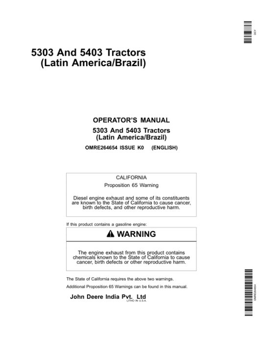 John Deere 5303, 5403 Latin America Tractor Operator’s Manual (OMRE264654) Workshop Guide