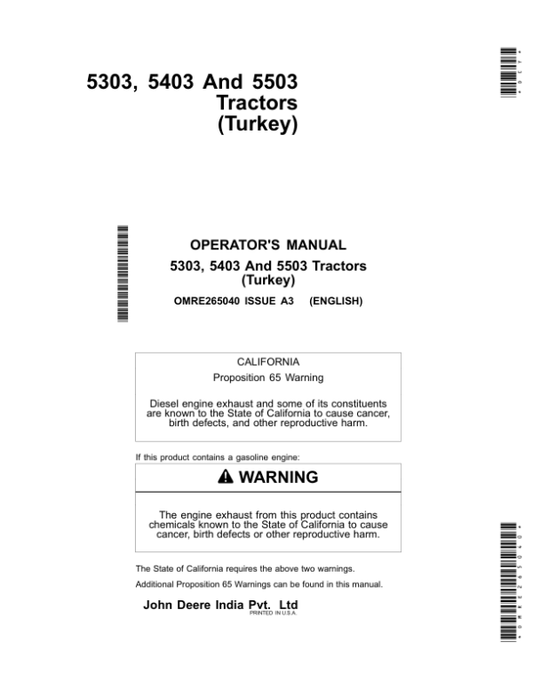 John Deere 5303, 5403, 5503 Tractors Operator’s Manual (OMRE265040) Workshop Guide