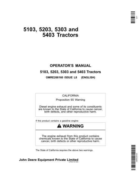 John Deere 5103, 5203, 5303, 5403 Tractors Operator’s Manual (OMRE268160) Workshop Guide