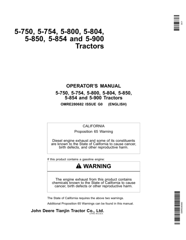 John Deere JD5-750, JD5-754, JD5-800, JD5-804, JD5-850, JD5-854, JD5-900 Tractors Operator’s Manual (OMRE280682) Workshop Guide