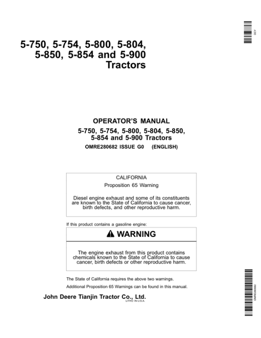 John Deere JD5-750, JD5-754, JD5-800, JD5-804, JD5-850, JD5-854, JD5-900 Tractors Operator’s Manual (OMRE280682) Workshop Guide