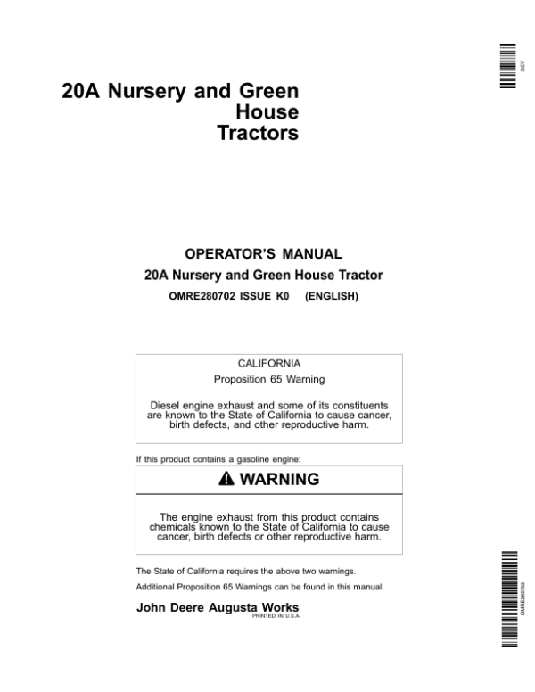 John Deere 20A Nursery, Green House Tractors Operator’s Manual (OMRE280702) Workshop Guide