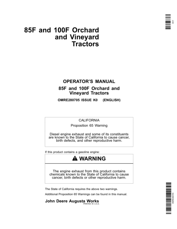 John Deere 85F, 100F Orchard, Vineyard Tractors Operator’s Manual (OMRE280705) Workshop Guide