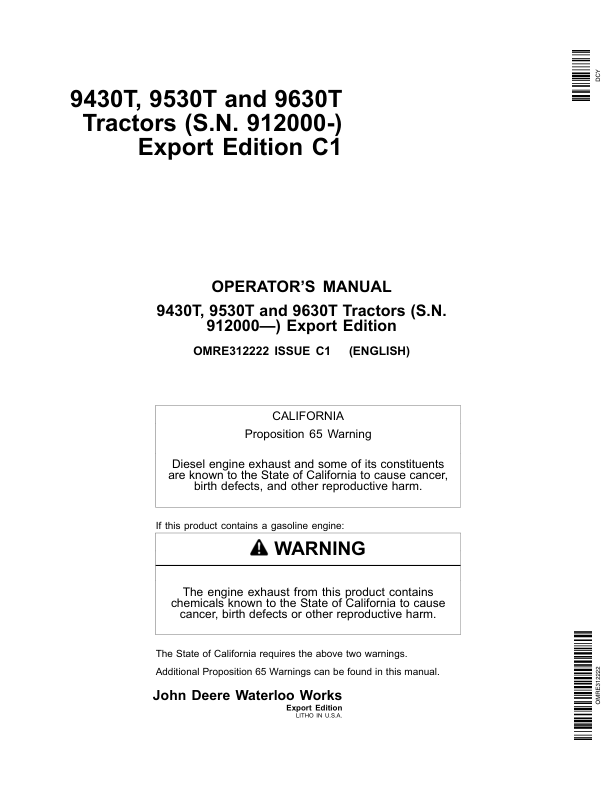 John Deere 9430T, 9530T, 9630T Tractors (912000-) (Export Edition) Operator’s Manual (OMRE312222) Workshop Guide