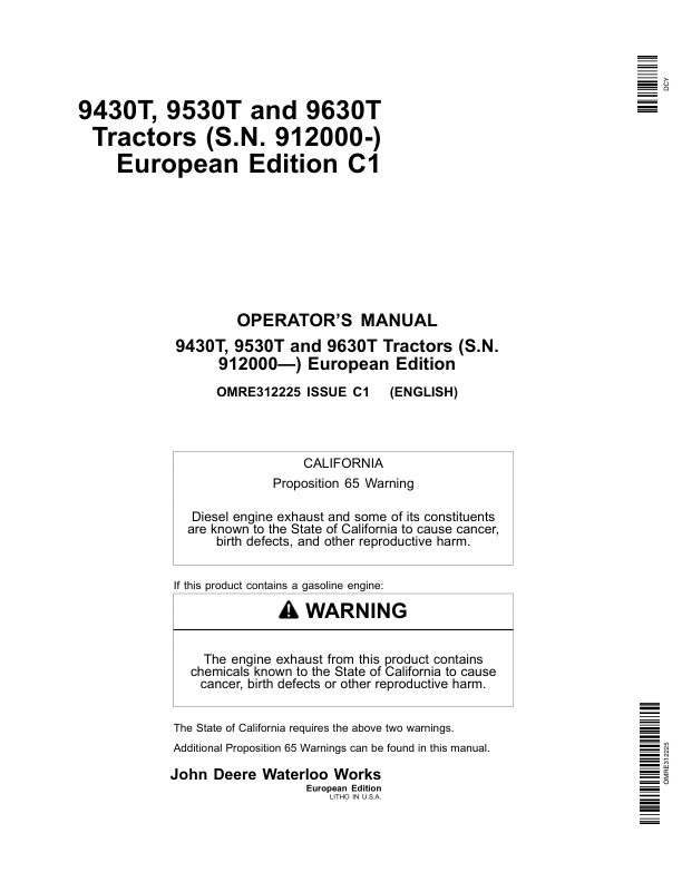 John Deere 9430T, 9530T, 9630T Tractors (912000-) (European Edition) Operator’s Manual (OMRE312225) Workshop Guide