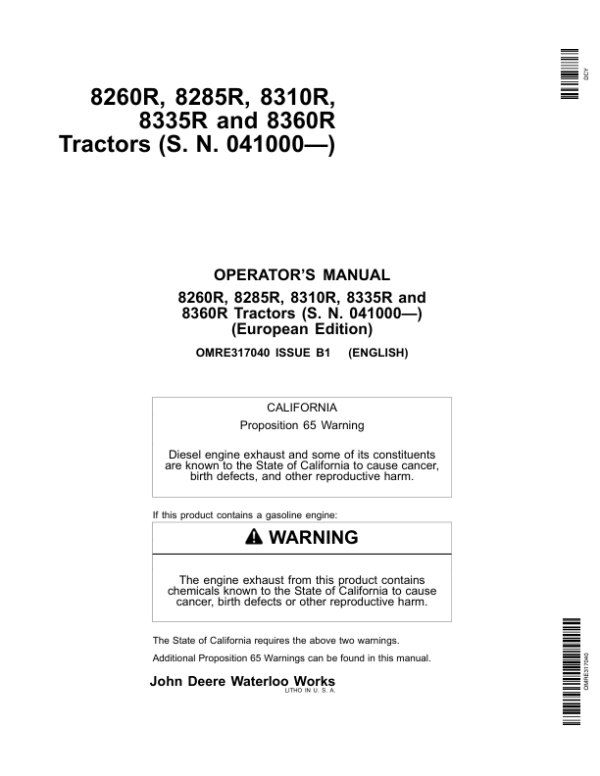 John Deere 8260R, 8285R, 8310R, 8335R & 8360R Tractors Operator’s Manual (OMRE317040) Workshop Guide