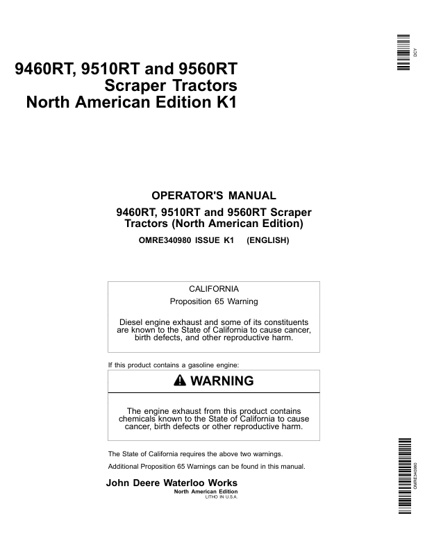 John Deere 9460RT, 9510RT, 9560RT Scraper Tractors Operator’s Manuals (OMRE340980) Workshop Guide