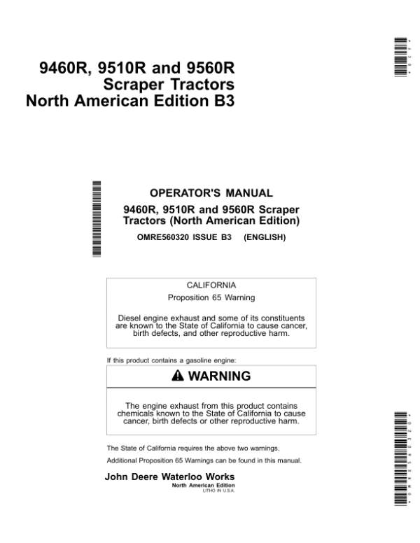 John Deere 9460R, 9510R, 9560R Scraper Tractors Operator’s Manuals (OMRE560320) Workshop Guide