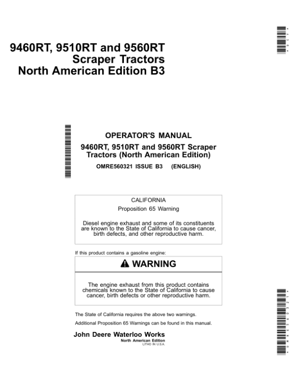 John Deere 9460RT, 9510RT, 9560RT Scraper Tractors Operator’s Manuals (OMRE560321) Workshop Guide