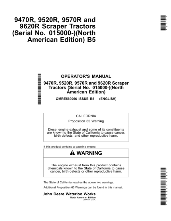 John Deere 9470R, 9520R, 9570R, 9620R Scraper Tractors Operator’s Manuals (OMRE569066) Workshop Guide