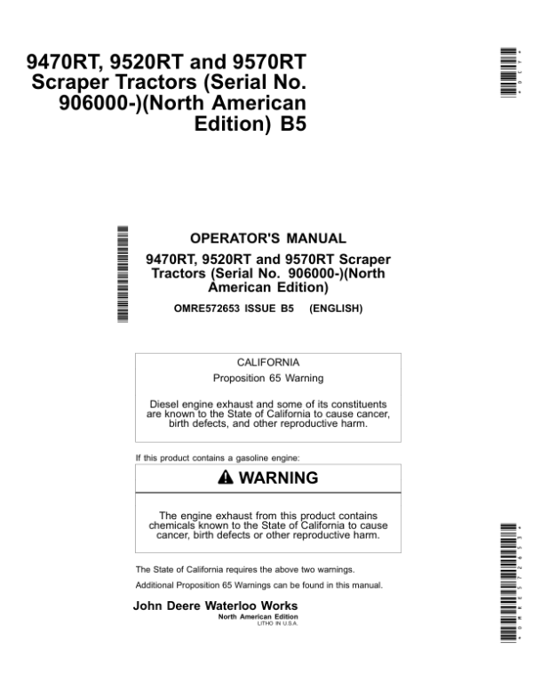 John Deere 9470RT, 9520RT, 9570RT Scraper Tractors Operator’s Manuals (OMRE572653) Workshop Guide