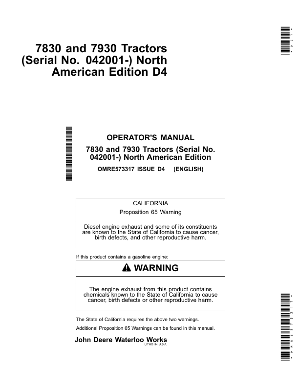 John Deere 7830 & 7930 Tractors North America (042001-044000) Operator’s Manual (OMRE573317) Workshop Guide