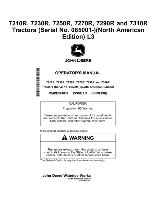 John Deere 7210R, 7230R, 7250R, 7270R & 7290R Tractors North America (085001-089000) Operator’s Manual (OMRE574832) Workshop Guide