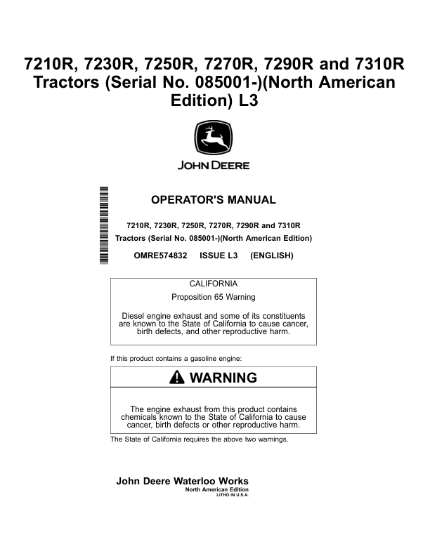 John Deere 7210R, 7230R, 7250R, 7270R & 7290R Tractors North America (085001-089000) Operator’s Manual (OMRE574832) Workshop Guide