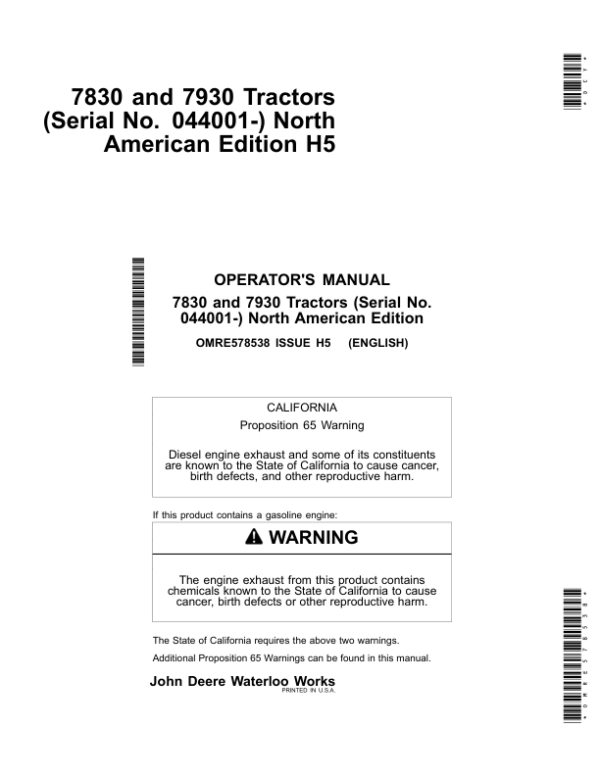 John Deere 7830 & 7930 Tractors North America (044001-) Operator’s Manual (OMRE578538) Workshop Guide