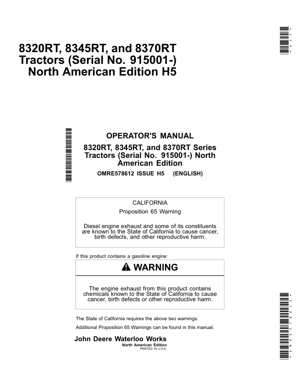 John Deere 8320RT, 9345RT & 8370RT Tractors North America (915001- ) Operator’s Manual (OMRE578612) Workshop Guide