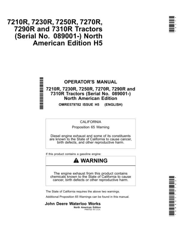 John Deere 7210R, 7230R, 7250R, 7270R& 7290R Tractors North America (089001- ) Operator’s Manual (OMRE579782) Workshop Guide