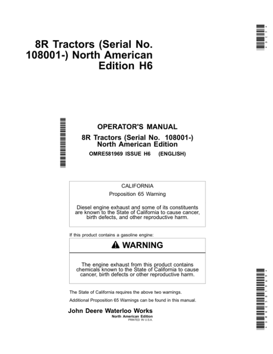 John Deere 8245R, 8295R, 8320R, 8335R, 8345R, 8370R & 8400R (8R) Tractors Operator’s Manual (OMRE581969) Workshop Guide