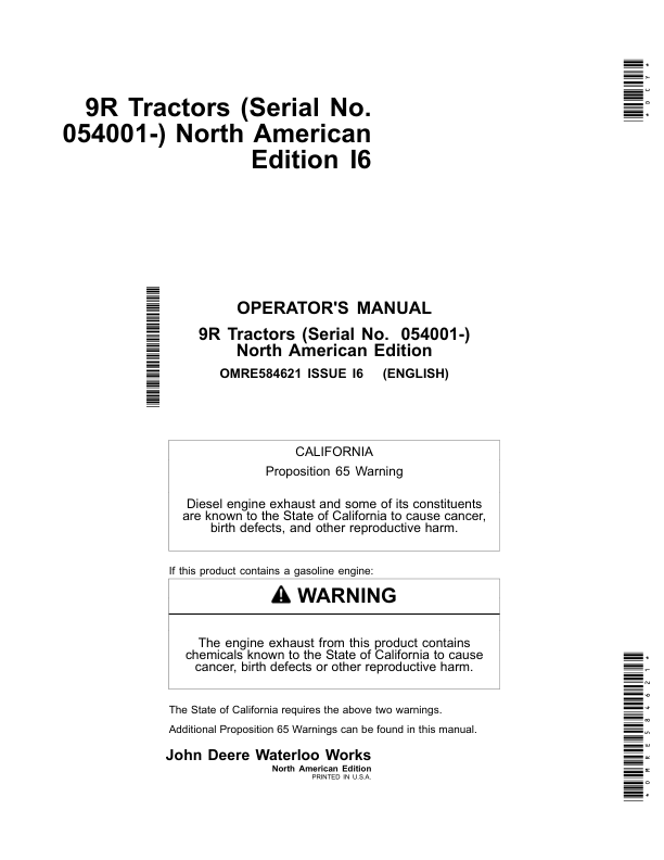 John Deere 9370R, 9420R, 9470R, 9520R, 9570R & 9620R (9R) Tractors Operator’s Manual (OMRE584621) Workshop Guide