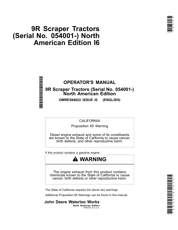 John Deere 9370R, 9420R, 9470R, 9520R, 9570R & 9620R (9R) Scraper Tractors Operator’s Manual (OMRE584622) Workshop Guide