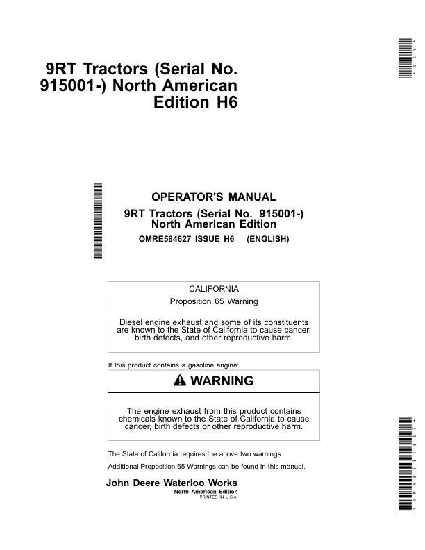 John Deere 9470RT, 9520RT & 9570RT (9RT) Tractors Operator’s Manual (OMRE584627) Workshop Guide