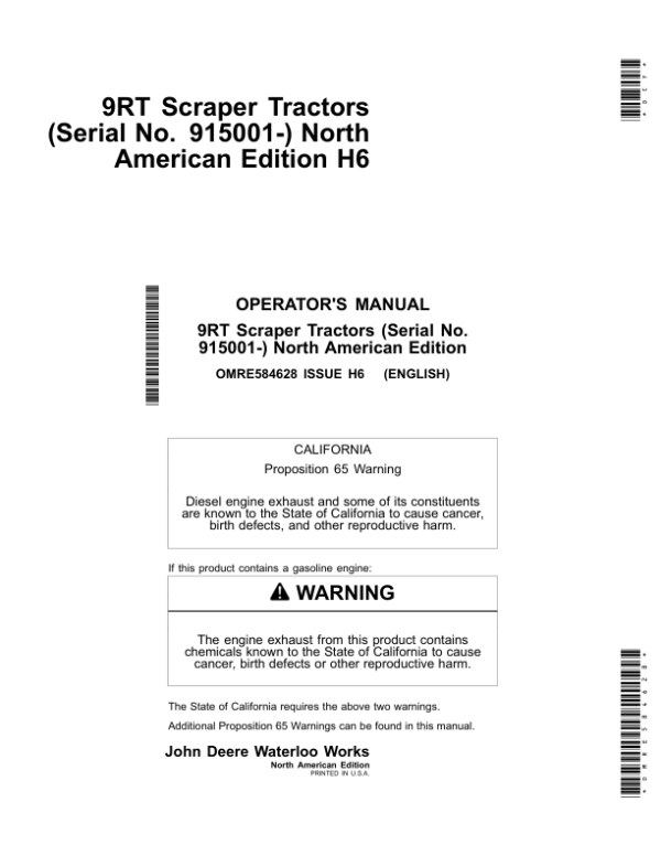 John Deere 9470RT, 9520RT & 9570RT (9RT) Scraper Tractors (North American) Operator’s Manual (OMRE584628) Workshop Guide